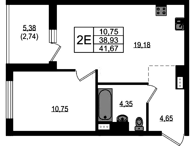 1-комнатная квартира 41.67 м², 2/23 эт., ЖК «Южная Нева»
